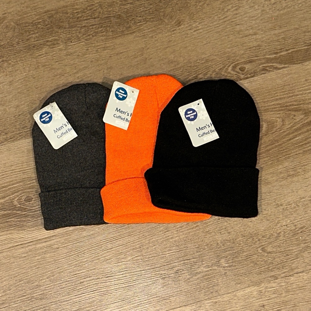 Men’s Cuffed Beanie Set - Black, Orange, and Gray